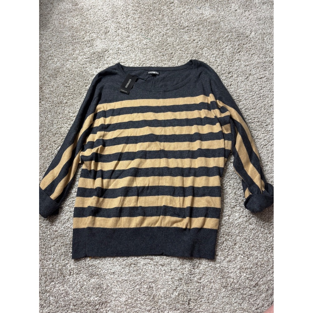 Express Womens Striped Dolman Sleeve Sweater Gray Tan Scoop Neck Small NWT